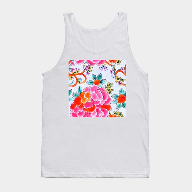 Pink and orange chinoiserie roses and leaves seamless pattern Tank Top by SophieClimaArt